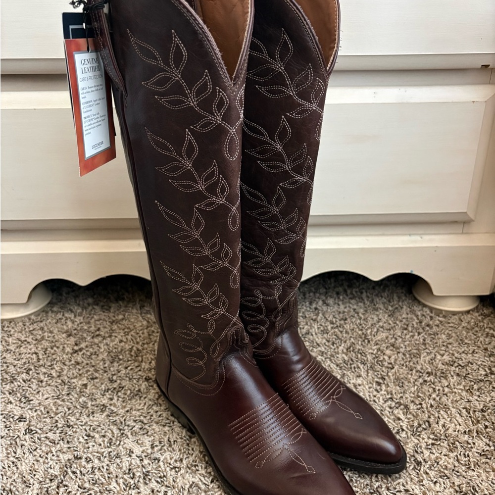 Lucchese Brown Leather Tall Western Boots with Embroidery - Picture 2 of 7